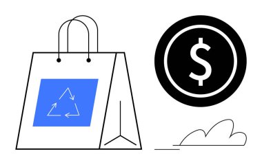 Bir dolar ve bulutun yanında geri dönüşüm sembolü olan alışveriş torbası, çevre dostu alışveriş, sürdürülebilirlik ve ekonomik büyüme arasındaki bağlantıyı vurguluyor. İş ve finans için ideal