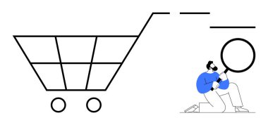 İnceleme yapan bir adamın tuttuğu büyük büyüteçle alışveriş arabası. E-ticaret, ürün araştırması, çevrimiçi alışveriş, müşteri davranışı, iş analizi, pazarlama, basit düz metafor