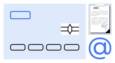 Adres alanları, e-posta sembolü ve panoya imzalanmış belge içeren zarf, yazışmaları, anlaşmaları ve güvenli paylaşımı vurguluyor. Posta, iletişim, e-imza, iş için ideal