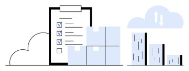 Pano kontrol listesi, istiflenmiş kutular, büyümeyi gösteren çizelge ve veri transferini sembolize eden bulut. Lojistik, envanter, tedarik zinciri, depo planlama analitik e-ticaret için ideal. Basit düz