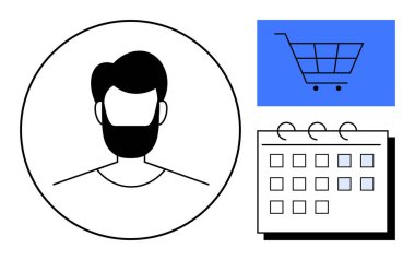 Çemberin içinde kullanıcı avatarı, mavi alışveriş arabası simgesi ve işaretli tarihli takvim. Kullanıcı yönetimi, e-ticaret, programlama, planlama, atamalar dijital faaliyetler için idealdir. Basit.