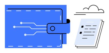 Devre desenli mavi dijital cüzdan ve bulut simgesinin yanında dokümanlar. Finans, teknoloji, veri yönetimi, güvenlik, yenilik, e-ticaret, dijitalleştirme için ideal. Basit düz metafor