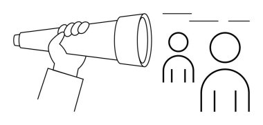 Görüşü, odaklanmayı, gözlemlemeyi, stratejiyi, fırsatları, liderliği ve araştırmayı temsil eden minimalist insan figürlerini hedef alan el sıkıştırıcı teleskop. İş için ideal, geleceği planlamak için.