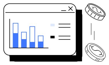 Düşen bozuklukların yanında dijital bir gösterge panelinde sergilenen bar tablosu mali yönetim, analitik, yatırım ve iş büyümesini sembolize ediyor. Finans, analitik, iş, yatırım için ideal