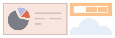 Parçalı pasta grafiği, yatay ilerleme çubuğu ve bulut simgesi veri, ilerleme ve dijital entegrasyon öneriyor. Analiz, yönetim, ilerleme takibi, bulut araçları istatistikleri finansmanı için ideal