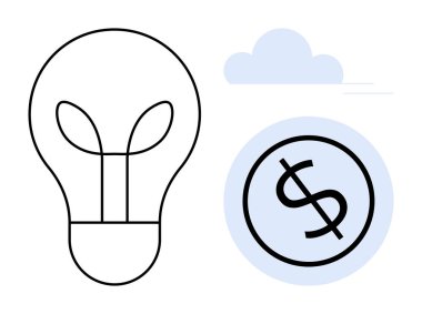 Dolar parasının yanında yaprak elementleri olan ampul, arka planda soyut bulut. Yenilik, finans, sürdürülebilirlik, tasarruf, yaratıcılık, enerji ekonomik büyümesi için idealdir. Basit düz metafor