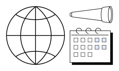 Küre, teleskop ve takvim küresel planlamayı, zamanlamayı, keşfi ve araştırmayı temsil ediyor. Seyahat için ideal, eğitim stratejisi keşif macera bilimi yeniliği. Basit düz