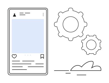 Vites sembollerinin yanında sosyal medya posta düzeni ile akıllı telefon arayüzü, yenilik, iş akışı ve içerik optimizasyonunu temsil ediyor. Sosyal medya, teknoloji, yaratıcılık, takım çalışması, tasarım için ideal
