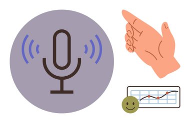 Mikrofonun ses dalgaları yayması, el hareketi ve yükselen eğilimli ve mutlu yüzlü bir tablo. İletişim, podcast, hikaye anlatma, konuşma, büyüme artışı için ideal. Basit.