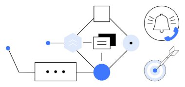 Geometrik şekiller akış çizelgesine bağlı, alarm zili, oklu hedef. İş akışı, verimlilik, iletişim, koordinasyon, otomasyon, üretkenlik için ideal basit düz metafor