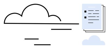 Bulut ana hatları, depolama, paylaşma, yönetim ve yedeklemeyi temsil eden belge yığını. Teknoloji, üretkenlik, organizasyon, uzaktan çalışma veri güvenliği yeniliği için idealdir basit düz