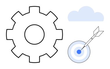 Vites simgesi, oklu hedef ve bulut taşıma takım çalışması, hassasiyet, başarı, strateji, optimizasyon, hedef başarı ve yenilik. Ticari verimlilik geliştirme planı için ideal