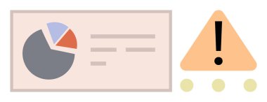 Dikkat simgesinin yanında, ünlem işaretli pasta grafiği ve metin veri paneli. Risk yönetimi, analitik, raporlama, alarmlar, iş stratejisi, problem çözme, basit düz metafor