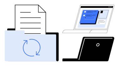 Bilgisayarı dijital dosyalar, klasör ve eşzamanlama simgesi ve başka bir dizüstü bilgisayarla aç. Takım çalışması, uzak çalışma, veri yönetimi, bulut depolama, üretkenlik, dosya paylaşımı için ideal basit düz metafor