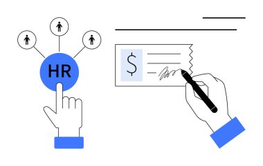 El, çalışanları birbirine bağlayan İnsan Kaynakları seçeneğini seçer, bir diğeri de maaş bordrosu işlemleri için bir çek imzalar. İnsan kaynakları, istihdam, maaş bordrosu, adam toplama, finansal operasyonlar, iş ekibi işi için ideal. Basit düz