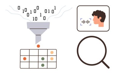 Veri filtresi ikiliyi anlamlı sezgilere, ses tanıma profiline ve büyütece dönüştürüyor. Yapay zeka, makine öğrenimi, veri analizi, araştırma, yenilik, teknoloji için ideal basit düz