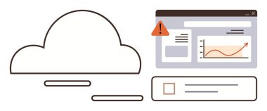 Uyarı ve analiz grafiği içeren bir veri paneline bağlı bulut simgesi. Bulut veri yönetimi, teknik sorunlar, analitik, dijital güvenlik, sorun çözme, sorun çözme için ideal