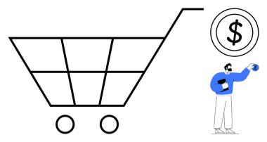 Bir dolarlık madeni parası olan bir alışveriş arabası ikonu, dijital alımları, e-ticareti ve ödeme sistemlerini temsil ediyor. Perakende, bütçe, tasarruf, finans, çevrimiçi ticaret büyümesi için ideal