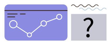 Mor bir tabloda soru işareti ve dekoratif dalga çizgilerinin yanında veri işaretleri olan en düşük eğilim. Analiz, problem çözme, tahmin, sorgulama, karar verme, keşif için ideal