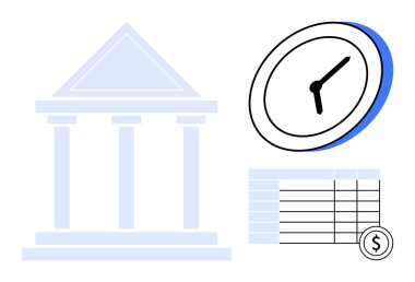 İstikrarı simgeleyen banka binası, zamanı simgeleyen saat ve bütçeyi ve planlamayı simgeleyen dolar işareti olan bir finans tablosu. Bankacılık, finans, zaman değeri, yatırımlar, ekonomi için ideal