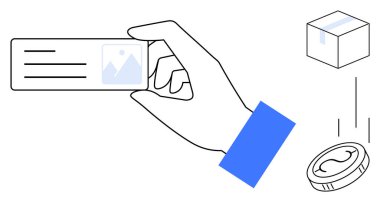 Elinde üyelik kartı, yanında da bir bozuk para ve bir nakliye kutusu var. E-ticaret, dijital ödeme, üyelik, dağıtım hizmeti, finans, kimlik ve abonelik için ideal