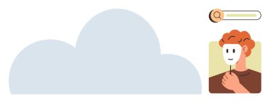 Teatral maske taşıyan kişi anonimliği simgeliyor büyük bulut, bulut servisi ve dijital temalar için arama barı. Çevrimiçi kimlik, veri güvenliği, mahremiyet, bulut teknolojisi, anonimlik ve siber kimlik için ideal