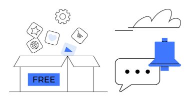 FREE etiketli açık kutu araçları ve özellikleri temsil eden uygulama simgeleri salıyor. Mavi uyarı çanı, bir konuşma balonunu elips ile kaplar. Teknoloji, iletişim ve güncellemeler için ideal