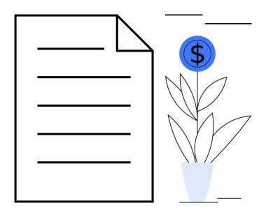 Büyük belge simgesi, içinde para sembolü bulunan bir saksı bitkisiyle eşleştirildi. Yatırım, iş planlaması, mali büyüme, tasarruf, ekonomi, strateji ve girişimcilik için ideal. Basit düz