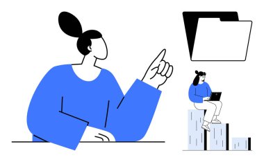 Oturan ve bir dizüstü bilgisayarla çalışan biri, yukarıdaki klasöre bakan bir kadın. Üretkenlik, takım çalışması, organizasyon, teknoloji, proje planlama, uzaktan veri depolama için idealdir. Basit.