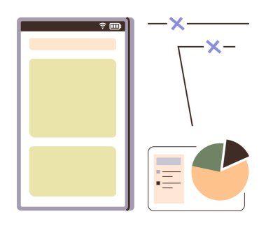 Sekmeler, pasta grafiği, hat bağlantıları ve menü yapısı ile mobil arayüz. Veri yönetimi, analitik, teknik sunumlar, uygulama prototipi, arayüz tasarımı için ideal basit düz plan