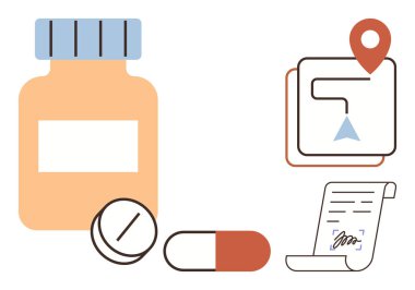 İlaç şişesi, haplar, reçete formu ve konum haritası işaretleyicisi sağlık hizmetleri, teslimat, lojistik, reçete yönetimi, eczane servislerinin müşteri desteğini takip etmesi anlamına geliyor. Basit.