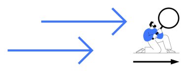 Büyüteçle diz çöküp üç mavi okun arasında siyah oku inceleyen bir adam. Araştırma, analiz, strateji, büyüme, keşif, keşif ve vizyon kavramları için ideal. Basit düz