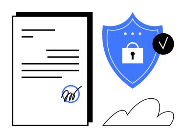Bir bulut simgesi üzerinde kilit ve kontrol işaretli, kalkanla birlikte imzalı belge. Veri koruması için ideal, dijital sözleşmeler, çevrimiçi güvenlik, e-imza onayı, bulut depolama