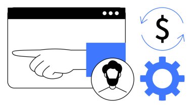 Bir kullanıcı profili avatarının yanındaki tarayıcı penceresini işaret eden, oklu dolar işareti ve teçhizat. Finans, kullanıcı arayüzü, strateji, süreç, yönetim iş akışı fintech için idealdir. Temiz daire