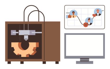 3D yazıcı bir dişli, bağlı masaüstü monitörü ve insan simgeleri ile iş süreci çalışma akışı yaratıyor. Teknoloji, yenilik, tasarım, mühendislik, takım çalışması, üretkenlik için idealdir.
