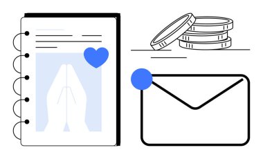 Dua eden eller, kalp ikonu, bozuk para yığını ve kapalı zarflı defteri aç. Bağış, bağış, bağış, maneviyat, maddi yardım ve minnettarlık için idealdir. Basit düz