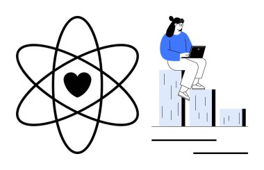 Barda dizüstü bilgisayarla oturan kadın analitik, büyüme ve eğitimi simgeliyor. Atomik kalp bilime ve yeniliğe olan sevgiyi yansıtır. Teknoloji, eğitim, araştırma, ilerleme ve öğrenme verileri için ideal