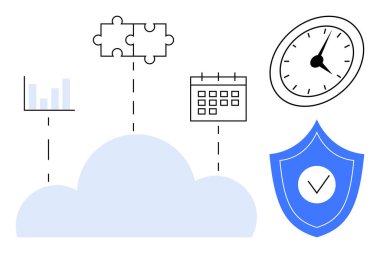 Çubuk grafiğe, bulmaca parçalarına, takvim, işaretli kalkan ve saate bağlı bulut. Üretkenlik, veri analizi, siber güvenlik, takım çalışması proje planlama yeniliği için ideal