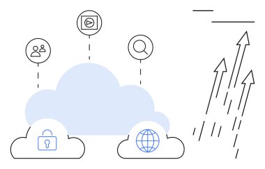 Kilitli bulut, kullanıcı, medya, arama ve küresel simgeler, yukarı bakan oklar. Teknoloji için ideal, veri yönetimi işbirliği ağ yenilikleri siber güvenlik. Basit düz metafor