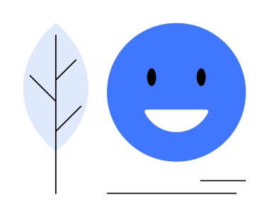 Mavi gülen yüz ve ince çizgi yaprak, somut pozitiflik, basitlik ve doğayla bağlantı. Sağlık, farkındalık, zihinsel sağlık, sürdürülebilirlik, çevre dostu uygulamalar için ideal iyimserlik