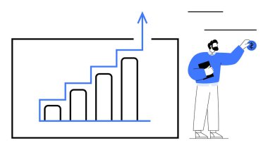 Belgeyi tutan adam, yukarı doğru ok ile yükselen çizelgeye işaret ediyor. Finansal büyüme, iş stratejisi, hedef başarısı, başarı, analiz, performans ölçümleri, basit düz metafor