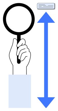 El tutuşu büyüteç, mavi ok belgeyi yukarı doğru gösteriyor. Analiz, büyüme, araştırma, odaklanma, keşif ve araştırma için ideal. Basit bir düz metafor.