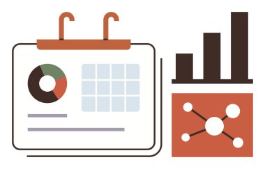 Entegre pasta grafiği, ızgara düzeni, bar grafiği ve veri ilişkilerini gösteren ağ diyagramı takvimi. Planlama, analiz, raporlama, proje yönetimi, iş stratejisi için ideal