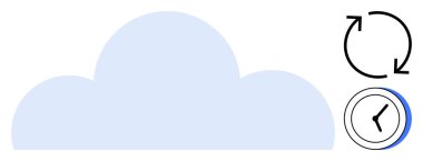 Veri senkronizasyonu için dairesel okları olan mavi bulut ve yedek zamanlama için bir saat simgesi. Bulut depolama, veri güvenliği, teknoloji, çevrimiçi depolama, zamanlama, otomasyon için ideal