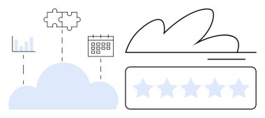 Bulut yüzen bulmaca parçası, bar çizelgesi, alttaki yıldız değerlendirme sistemi. Bulut hesaplama, veri senkronizasyonu, iş yönetimi, müşteri geribildirimi, SaaS, takım çalışması için ideal