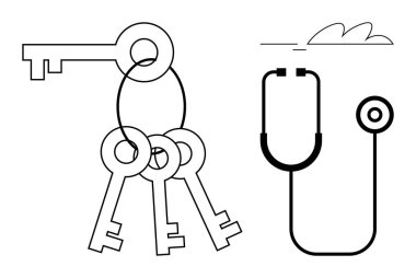 Steteskop çizgisi yanında birbirine kenetlenmiş dört anahtar sağlık, güvenlik ve erişimi gösteriyor. Sağlık, güvenlik, güven, sorumluluk, çözümler, işbirliği için ideal basit düz metafor