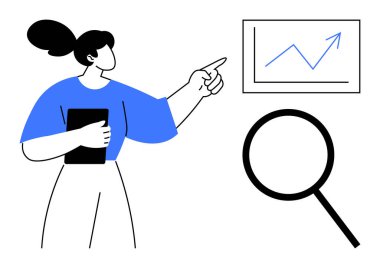 Elinde tablet tutan kadın, yükselen büyüme grafiğini gösteriyor, büyüteçle eşleştirilmiş. Analiz, araştırma, strateji, iş, eğitim büyüme pazarlaması için idealdir. Basit düz metafor