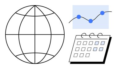 Dünya küresi şebekesi, bağlantı noktaları olan veri tablosu ve analitik, planlama ve küresel erişimi birleştiren takvim düzeni. Zamanlama, veri izleme, istatistik, zaman yönetimi stratejisi için ideal