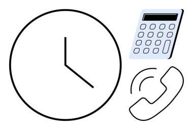 Saat, hesap makinesi ve çalan telefon zaman izleme, görev önceliği ve etkili iletişim. Üretkenlik, planlama, iş, zaman denetimi uzaktan çalışma takım çalışması için ideal