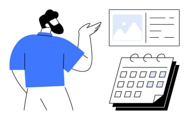 Erkek, sunum tahtası ve takvimine doğru hareket eder. Planlama, planlama, iş stratejisi, verimlilik, zaman yönetimi, proje sunumu, kurumsal eğitim için ideal. Basit düz metafor